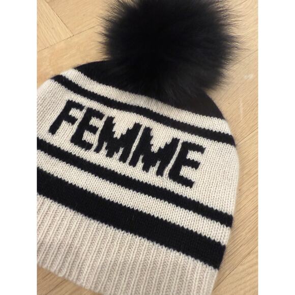 360 Etc.	FEMME Beige and Black Beanie with  Fur PomPom - Picture 3 of 9